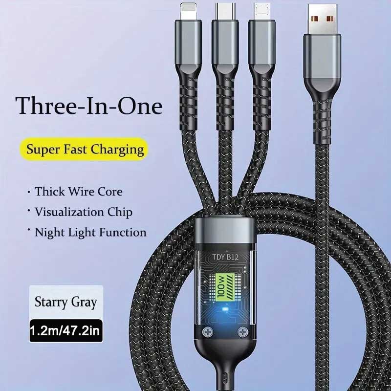 3-in-1 Super Fast Charging Cable (1.2m, Starry Gray) – Lightning + Type-C + Micro USB, LED Smart Chip - Image 2