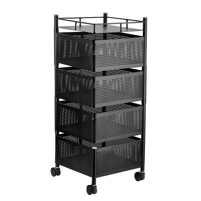4 Layer Square Shape Kitchen Rack with Wheels – Metal Mesh Storage Trolley (Black) - Image 2