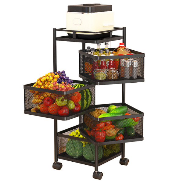 4 Layer Square Shape Kitchen Rack with Wheels – Metal Mesh Storage Trolley (Black)