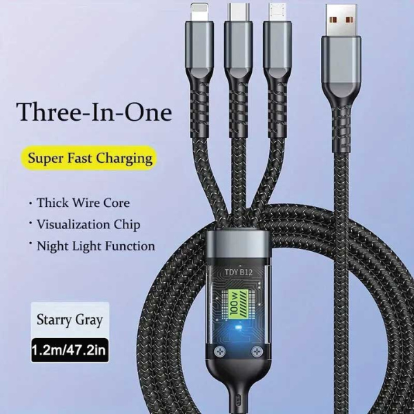 3-in-1 Super Fast Charging Cable (1.2m, Starry Gray) – Lightning + Type-C + Micro USB, LED Smart Chip