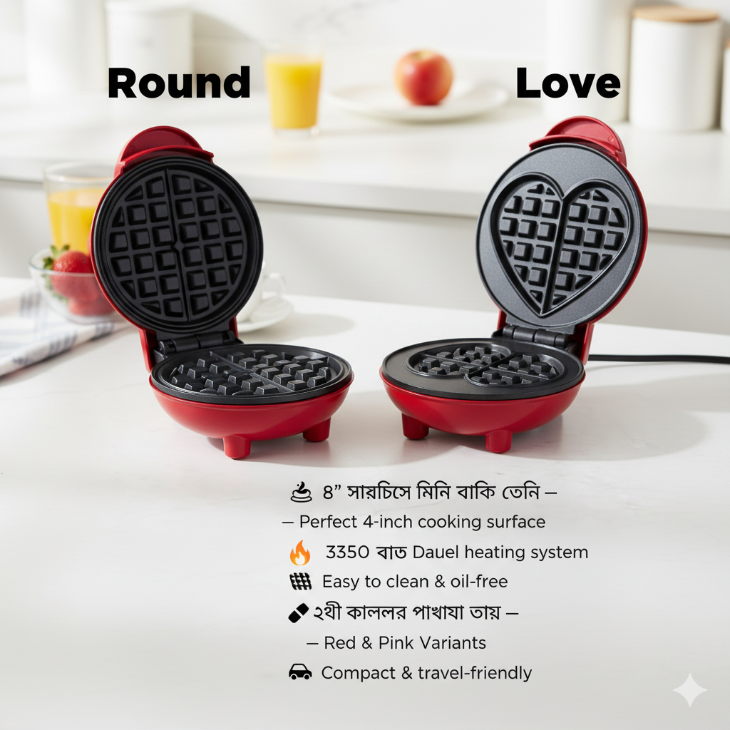 Mini 4 Inch Waffle Maker – Red & Pink | Round & Heart Shape | Non-Stick Electric Breakfast Maker | 350W Dual Heating - Image 2