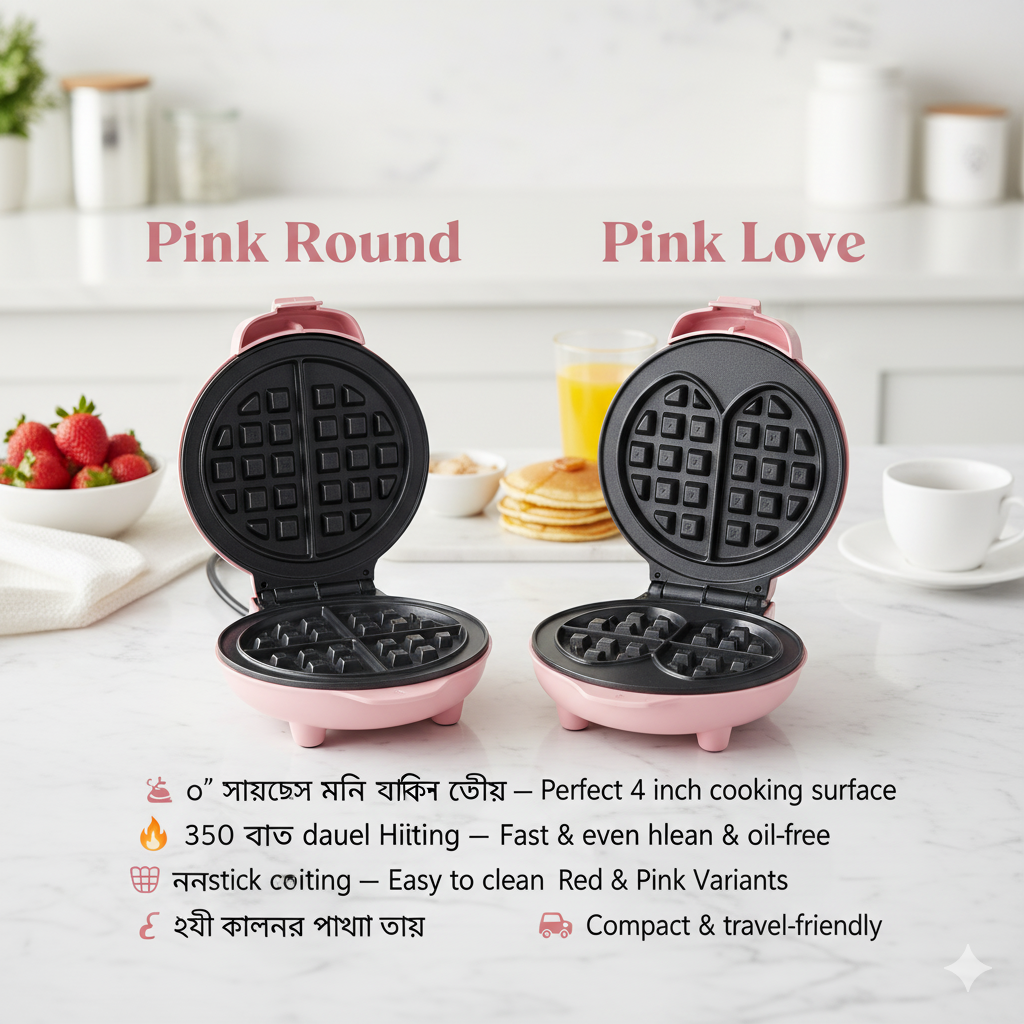 Mini 4 Inch Waffle Maker – Red & Pink | Round & Heart Shape | Non-Stick Electric Breakfast Maker | 350W Dual Heating - Image 3