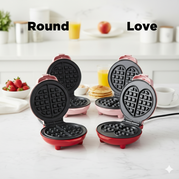 Mini 4 Inch Waffle Maker – Red & Pink | Round & Heart Shape | Non-Stick Electric Breakfast Maker | 350W Dual Heating