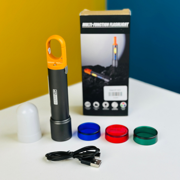 GearUP K57 Multifunctional Rechargeable LED Flashlight | Zoomable Torch Light | 4 Color Lens | USB Type-C Charging
